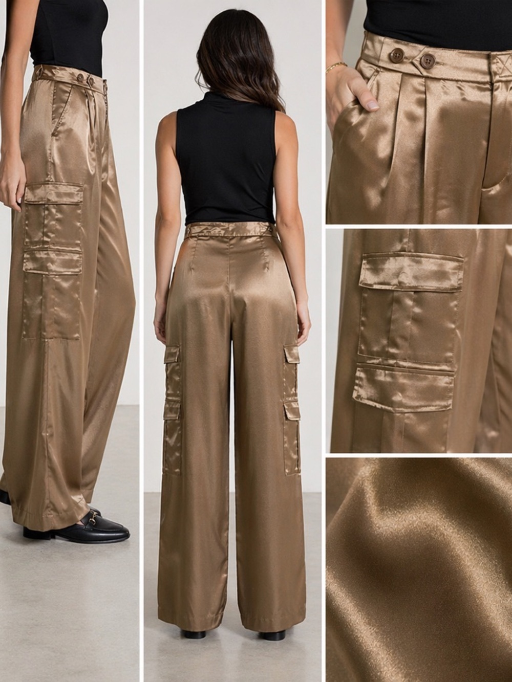 A New Day Bronze Satin Wide Leg Cargo Pants Size 8 High Rise - Picture 9 of 9